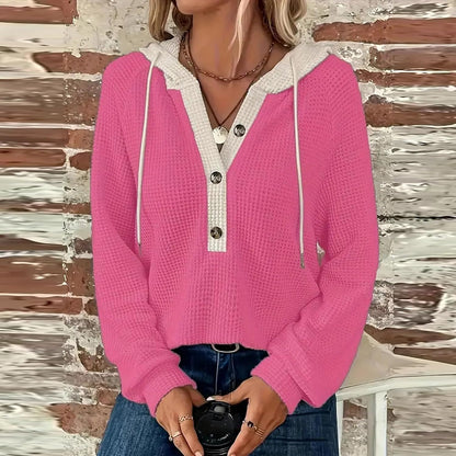 Women's Waffle Knit Drawstring Button Long Sleeve Hoodie