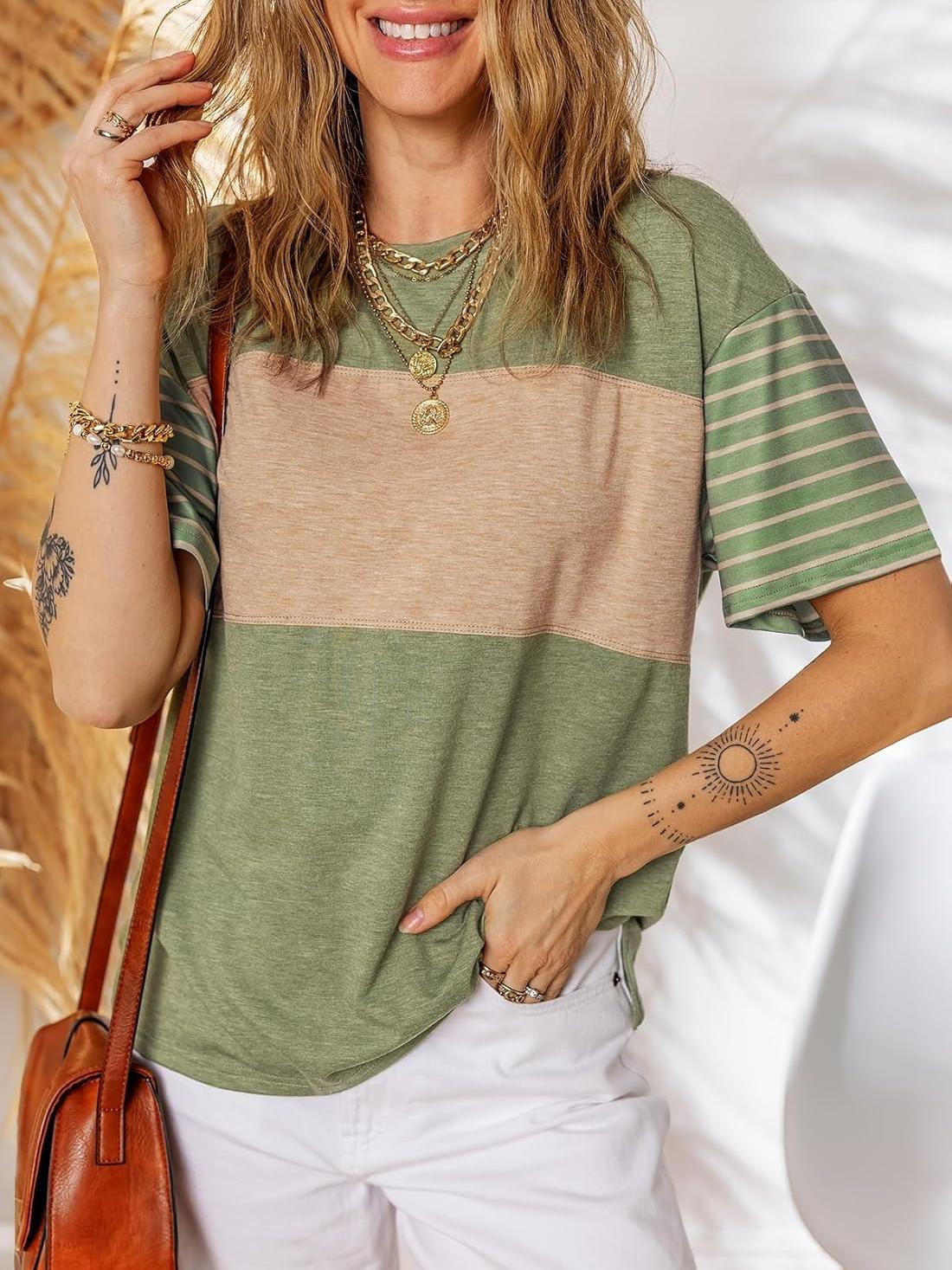 ✨Womens Oversized Crewneck Casual Color Block Striped Shirts Blouses