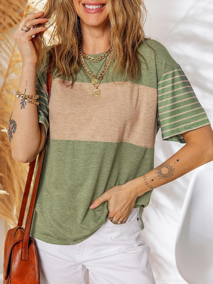 ✨Womens Oversized Crewneck Casual Color Block Striped Shirts Blouses