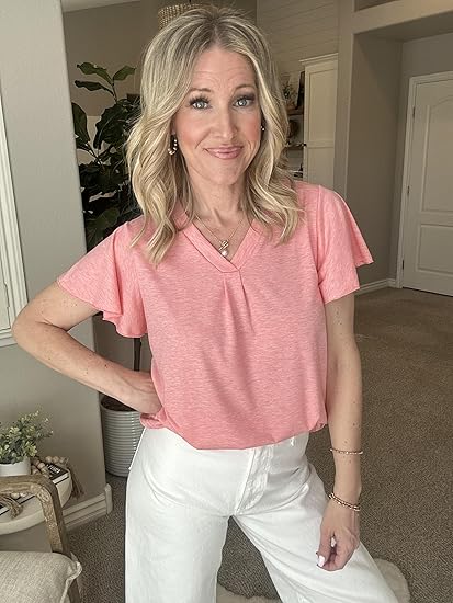 ✨Women's V Neck Ruffle Sleeve Tunic Short Sleeve Blouse Flutter Sleeve Tops