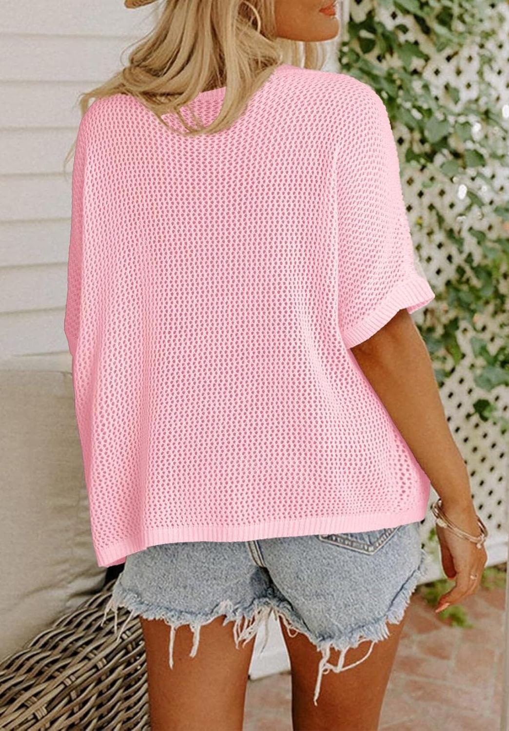 ✨Womens Floral Cute Tops Short Sleeve Crochet Cover Ups Lightweight Pullover