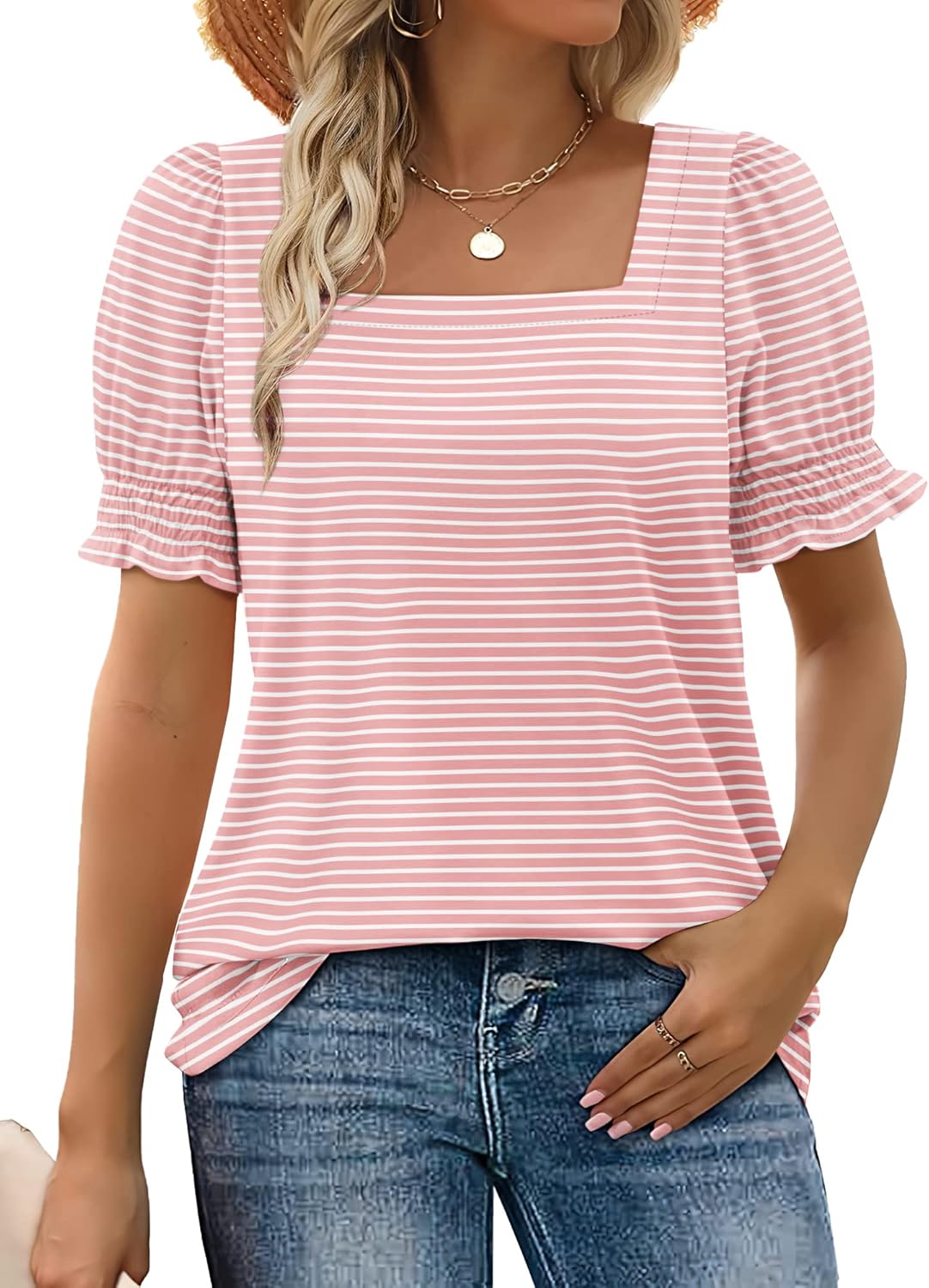 ✨Women's Square Neck  Smocked Sleeve T-Shirt Casual Top
