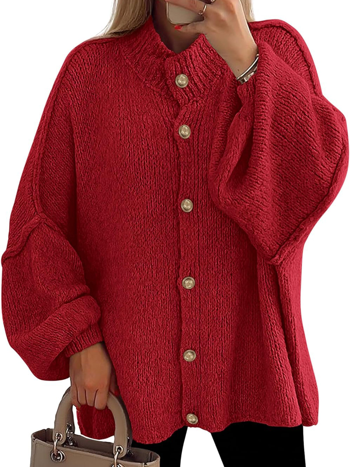 Women's Mock Neck Lantern Long Sleeve Button Down Cardigan Sweater