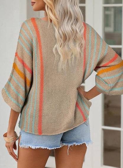 ✨Hot Sale-Women's Casual Color Block Striped Cable Knit Boho Sweater