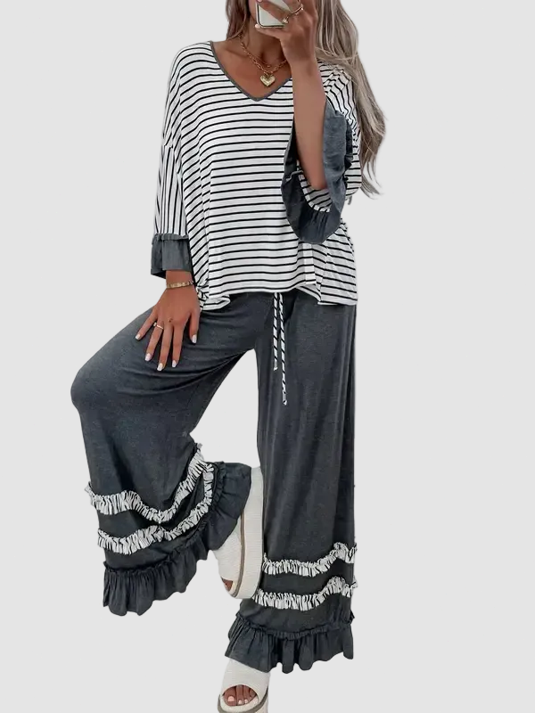 Striped V Neck Ruffle Two Piece Set
