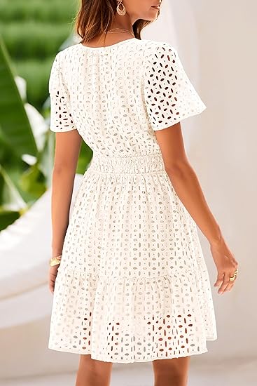 Women's V Neck A Line Hollow Out Lace Dress