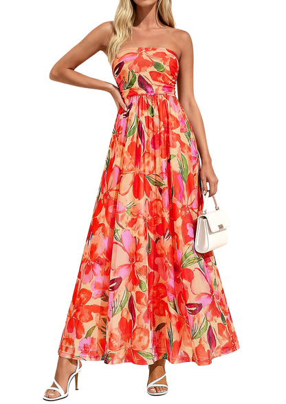 Womens Boho Maxi Dress Summer Floral Tube Strapless Wedding Guest Dresses