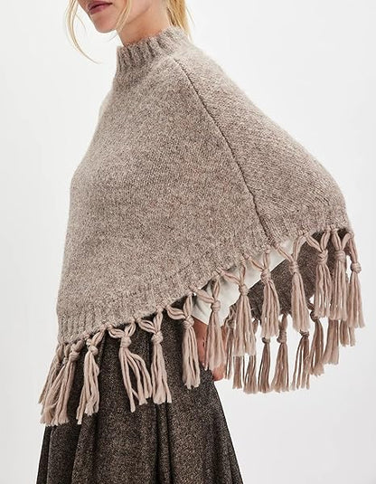 Women's Tassel High-Neck Knitted Cape