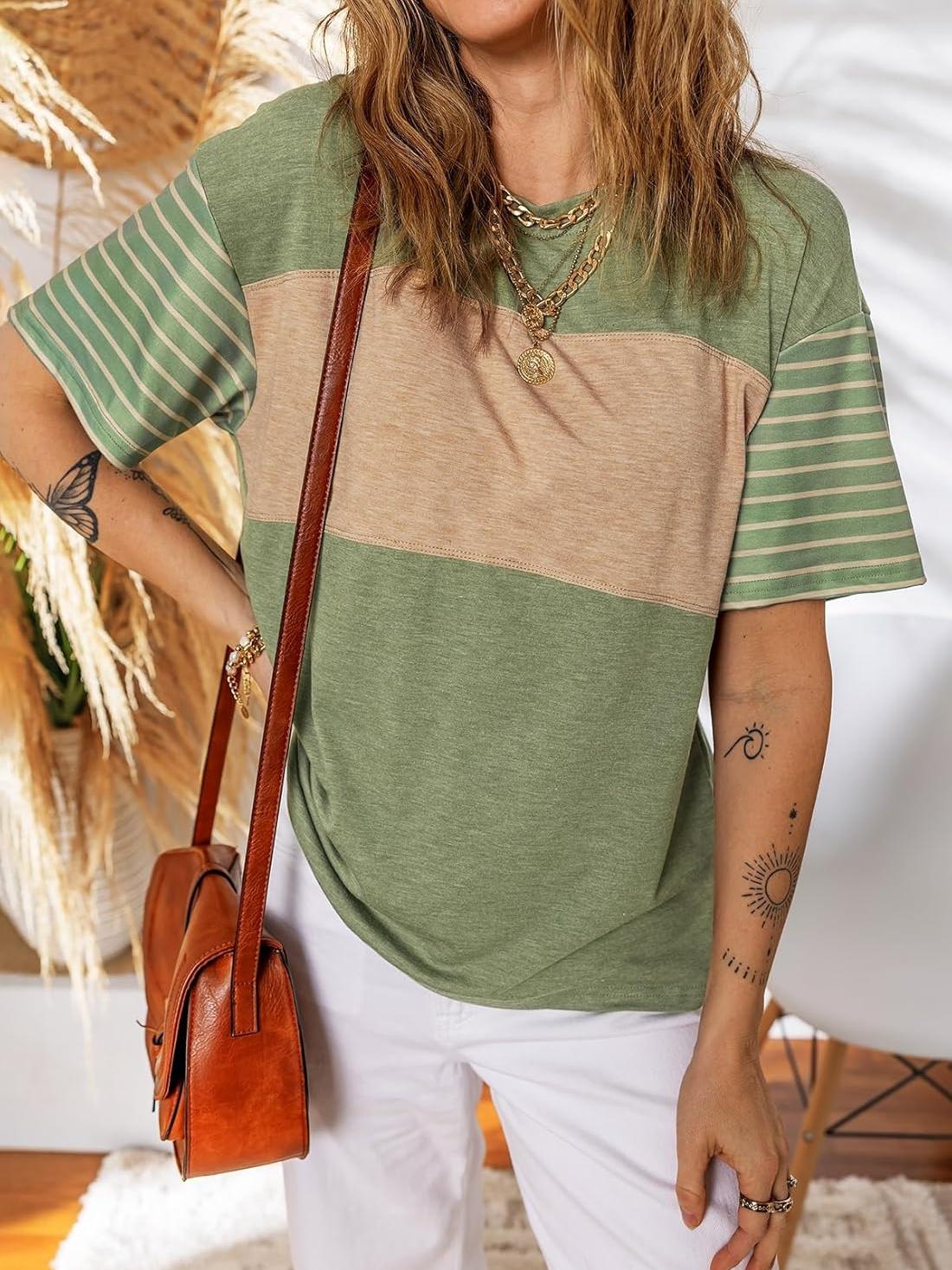 ✨Womens Oversized Crewneck Casual Color Block Striped Shirts Blouses