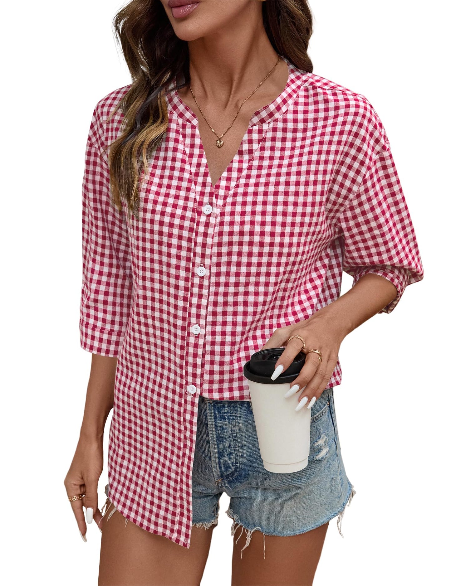 Women's Cotton 3/4 Sleeve Button Down Gingham Shirts