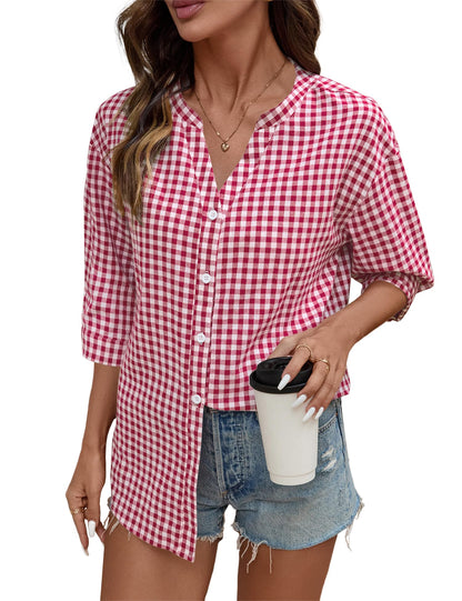 Women's Cotton 3/4 Sleeve Button Down Gingham Shirts