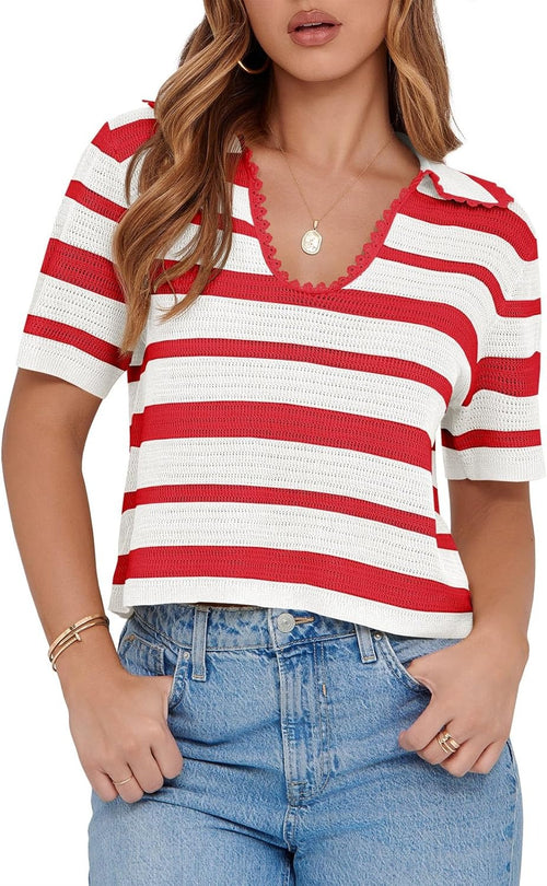 Women's Summer V Neck Collared Striped Short Sleeve Sweater Top