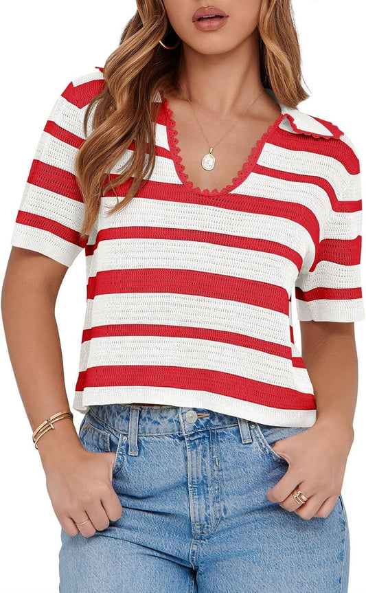 Women's Summer V Neck Collared Striped Short Sleeve Sweater Top