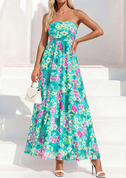 Womens Boho Maxi Dress Summer Floral Tube Strapless Wedding Guest Dresses