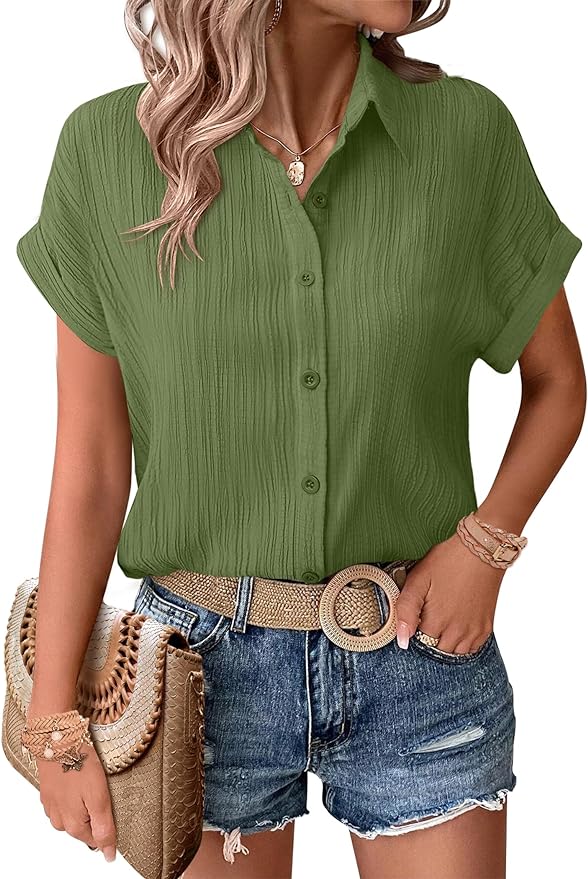 ⏰ HOT SALE-Womens Button Down Shirts Casual Short Sleeve Dress Shirt (BUY 2 FREE SHIPPING)