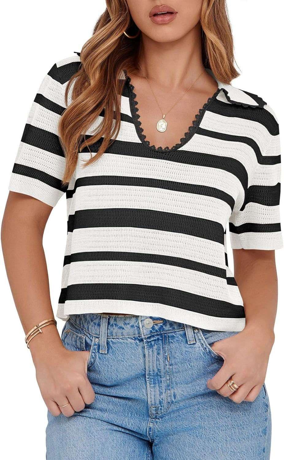 Women's Summer V Neck Collared Striped Short Sleeve Sweater Top