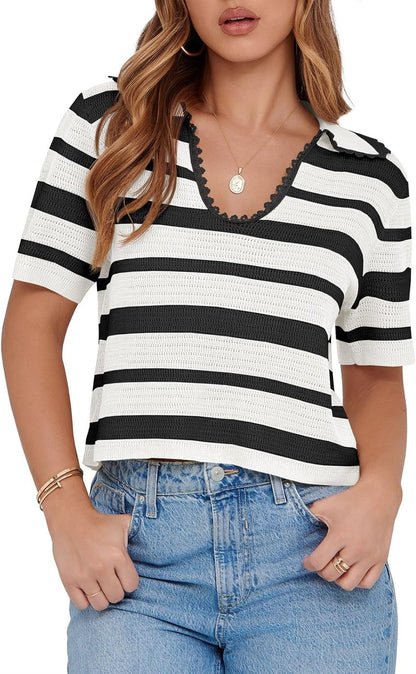 Women's Summer V Neck Collared Striped Short Sleeve Sweater Top