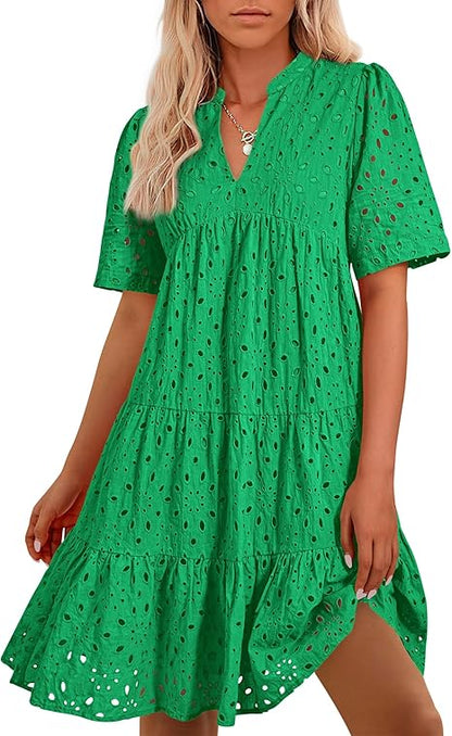 2025 Women's V Neck Short Sleeve Hollow Out Mini Vacation Dress