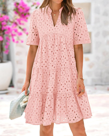 ⏰Hot Sale-Women's Elegant Hollow Out Lace Ruffle Casual Mini Dress