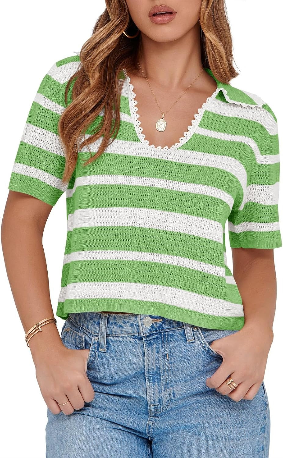 Women's Summer V Neck Collared Striped Short Sleeve Sweater Top