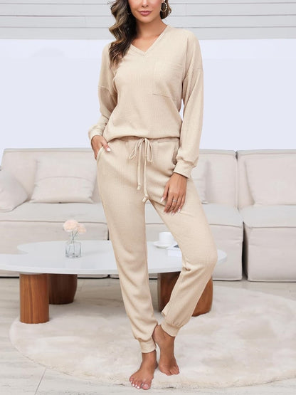 ✨V Neck Waffle Knit Sleepwear Top and Pant Lounge Sets