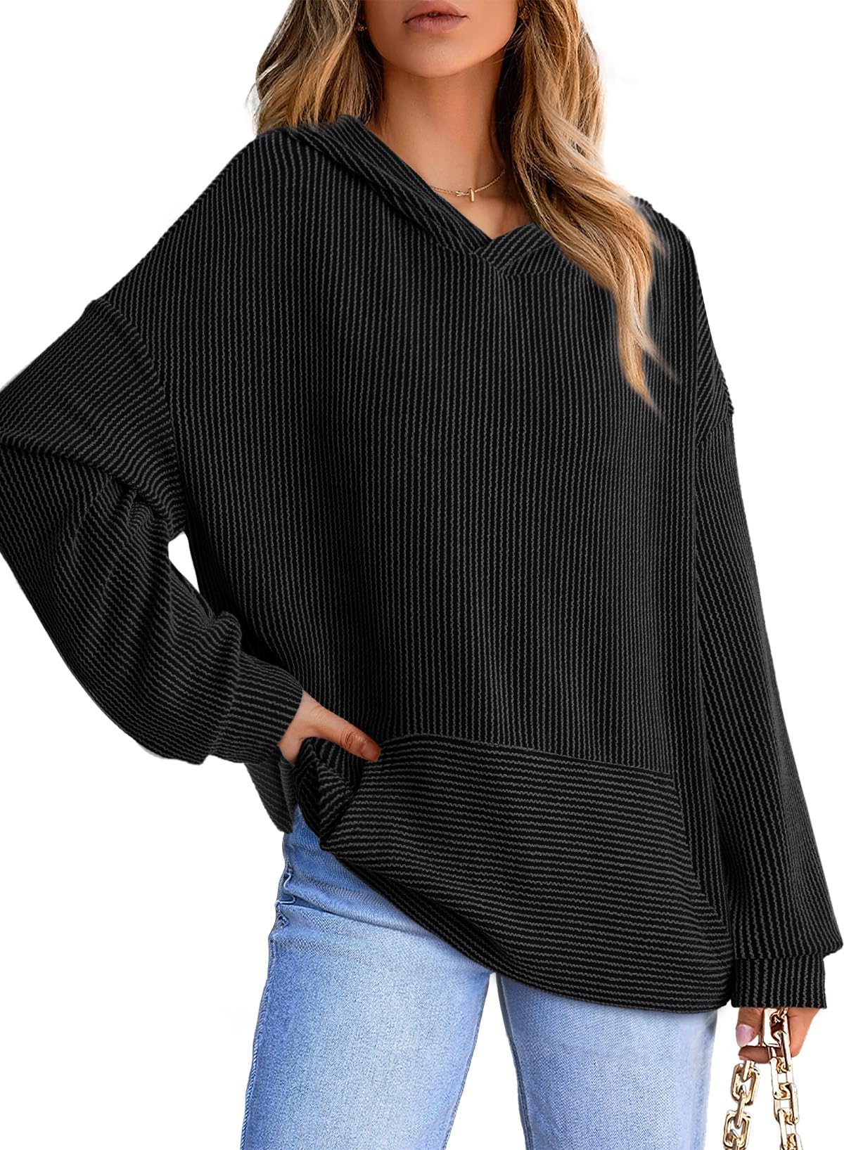 Women's Ribbed Knit Pullover Hoodie