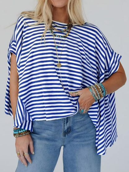 ✨Womens Oversized Striped Irregular Hem Batwing Short Sleeve Tee
