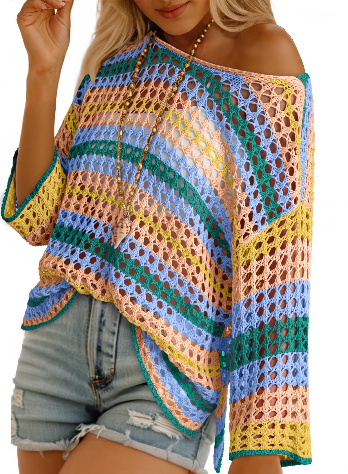 ⏰Hot Sale-Women's 3/4 Sleeve Hollow Out Color Block Striped Top