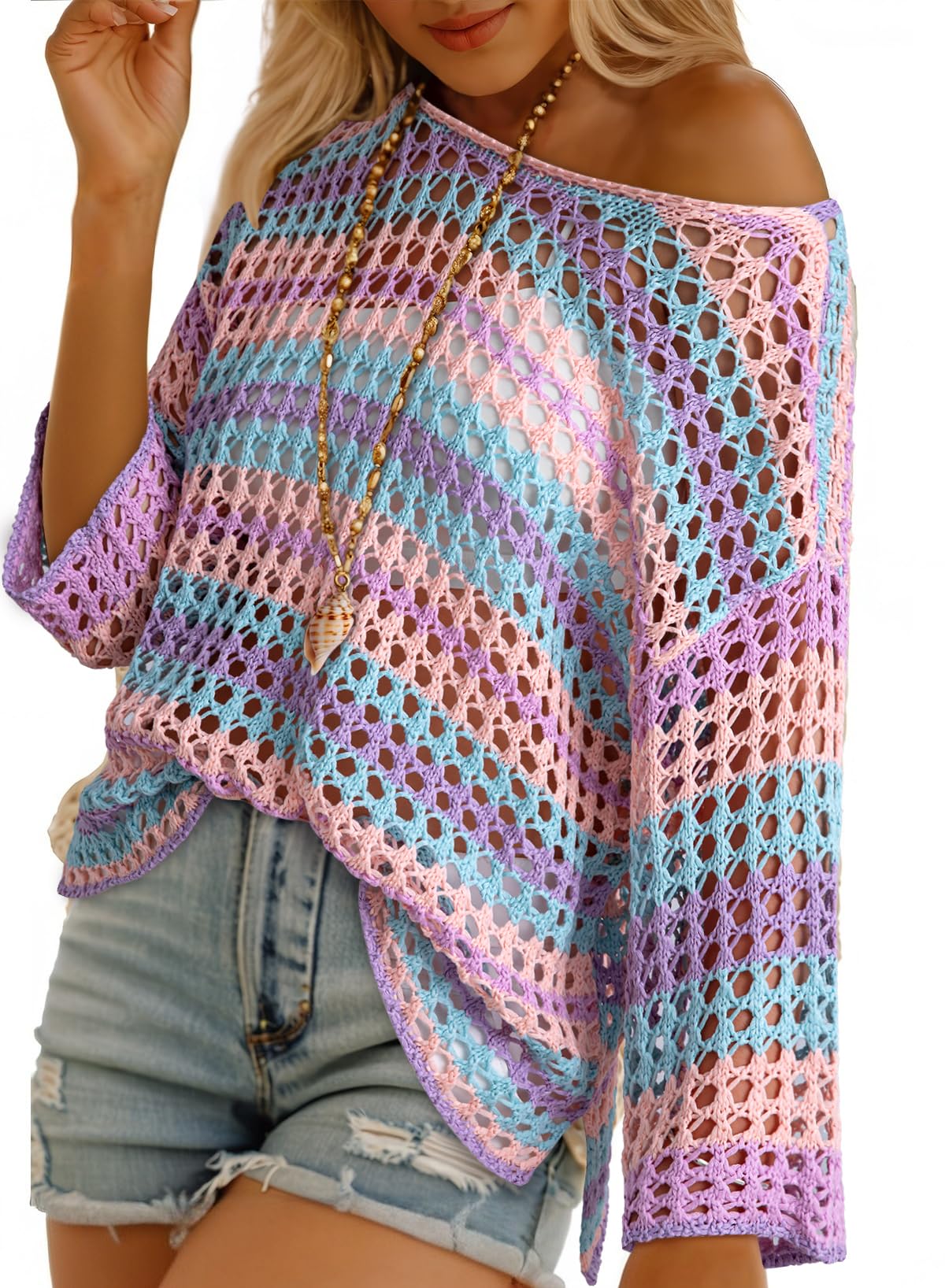 ⏰Hot Sale-Women's 3/4 Sleeve Hollow Out Color Block Striped Top