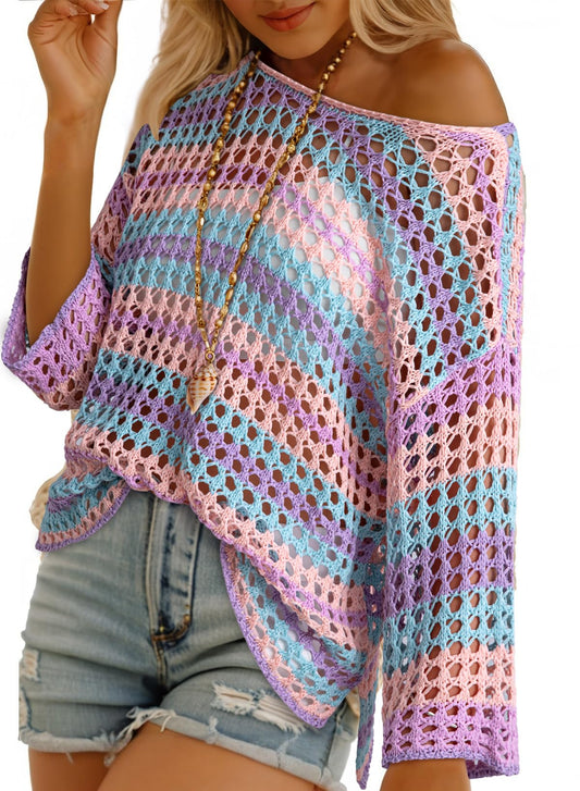 ⏰Hot Sale-Women's 3/4 Sleeve Hollow Out Color Block Striped Top