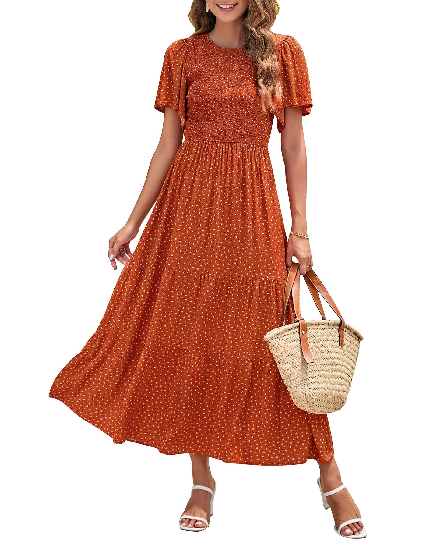 ✨Women's Casual Floral Print Short Flutter Sleeve Smocked High Waist Flowy Maxi Dress