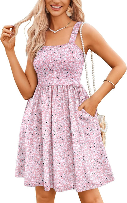 ✨Women's Summer Square Neck A-Line Mini Dress with Pockets