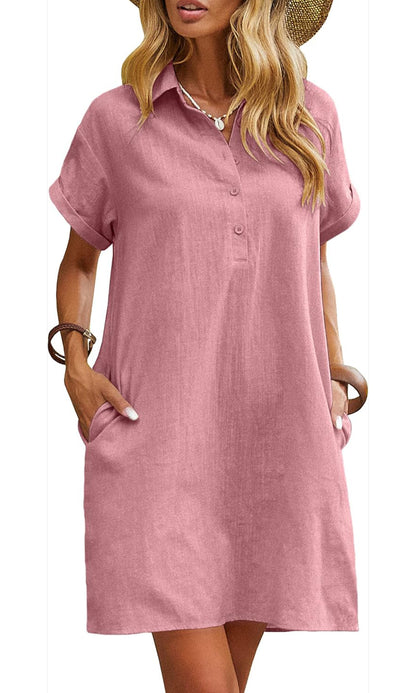 Women's Casual Short Sleeve Linen Dress With Pockets
