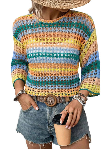 ⏰Hot Sale-Women's 3/4 Sleeve Hollow Out Color Block Striped Top