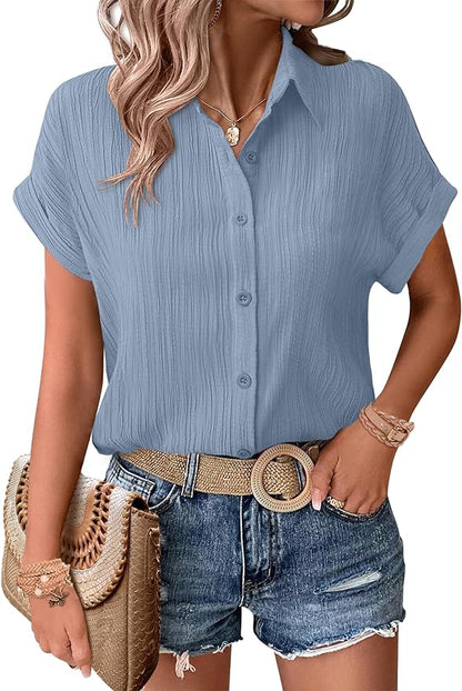 ⏰ HOT SALE-Womens Button Down Shirts Casual Short Sleeve Dress Shirt (BUY 2 FREE SHIPPING)