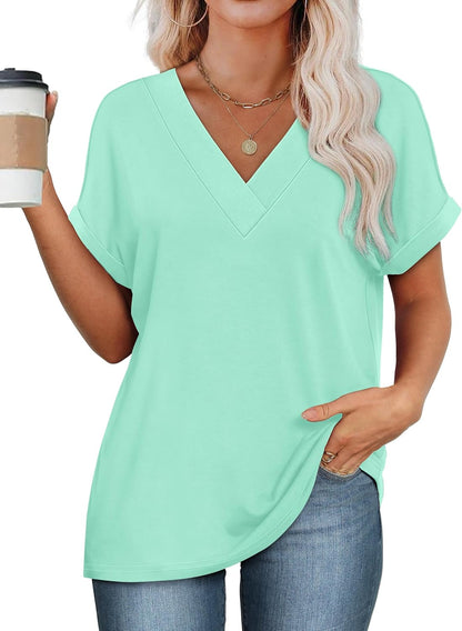 ✨Womens Summer V Neck Short Sleeve Solid Color Basic T Shirt