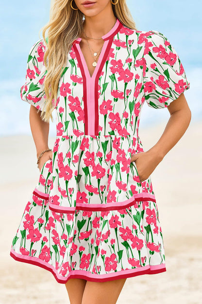 Womens V Neck Floral Mini Dress Short Puff Sleeve Patchwork