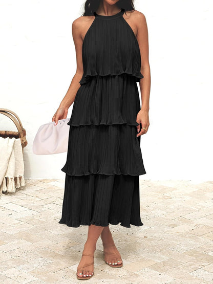 ⏰Hot Sale-Women's Summer Halter Neck Ruffle Tiered Layered Chiffon Flowy Swing Midi Dress