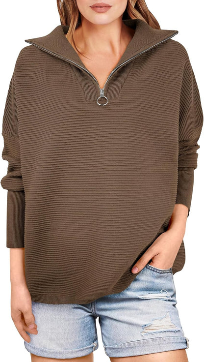 Quarter Zip Oversized Rib Knit Cozy Pullover Sweaters Top(50% OFF!!!)