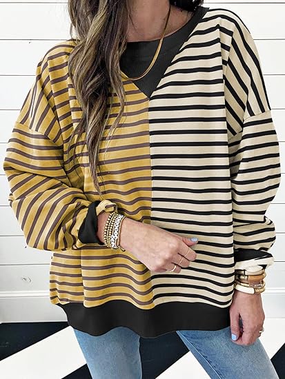 Hot Sale Womens Oversized Sweatshirts Striped Color Block Crewneck Sweatshirt