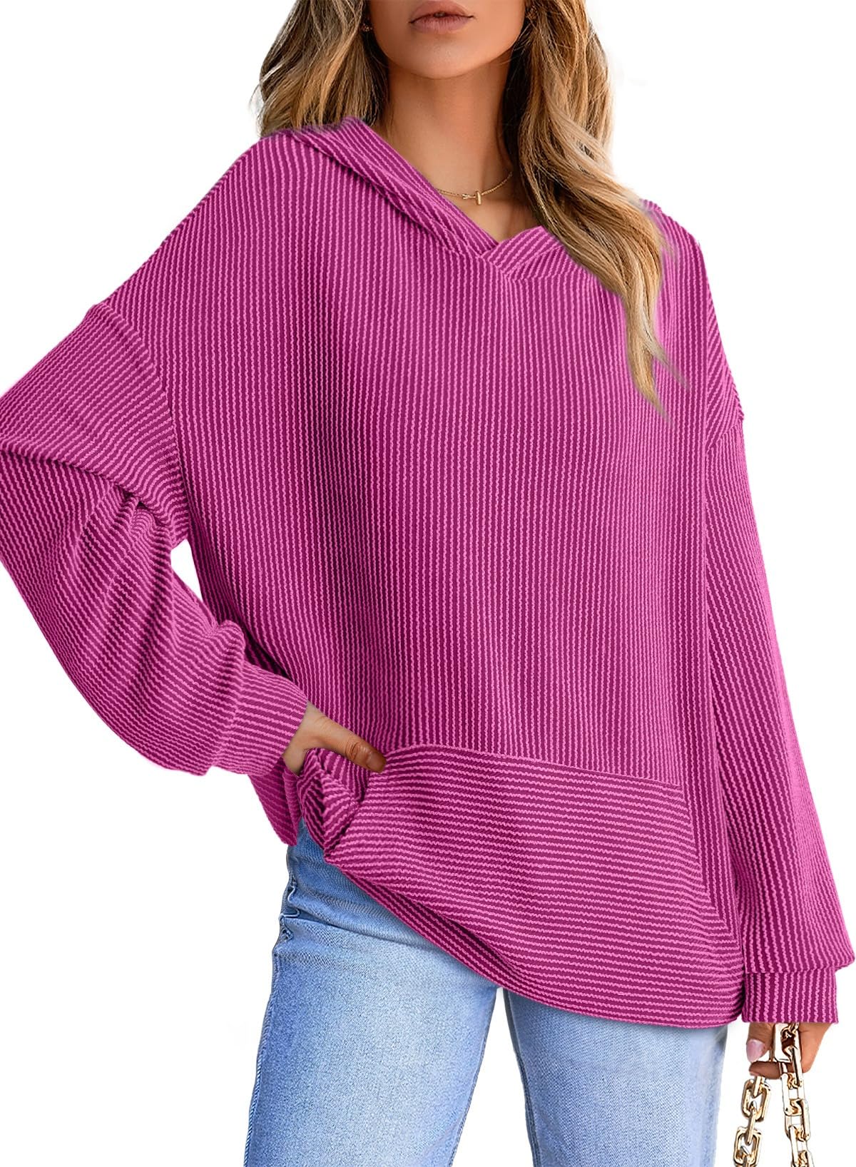 Women's Ribbed Knit Pullover Hoodie