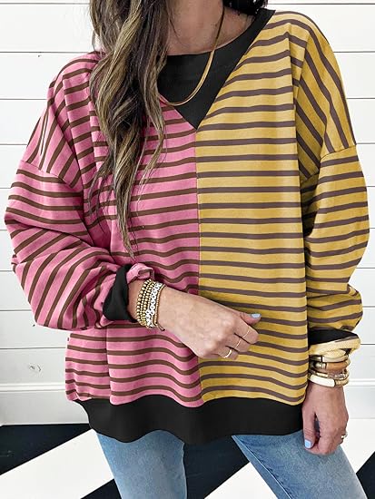 Hot Sale Womens Oversized Sweatshirts Striped Color Block Crewneck Sweatshirt