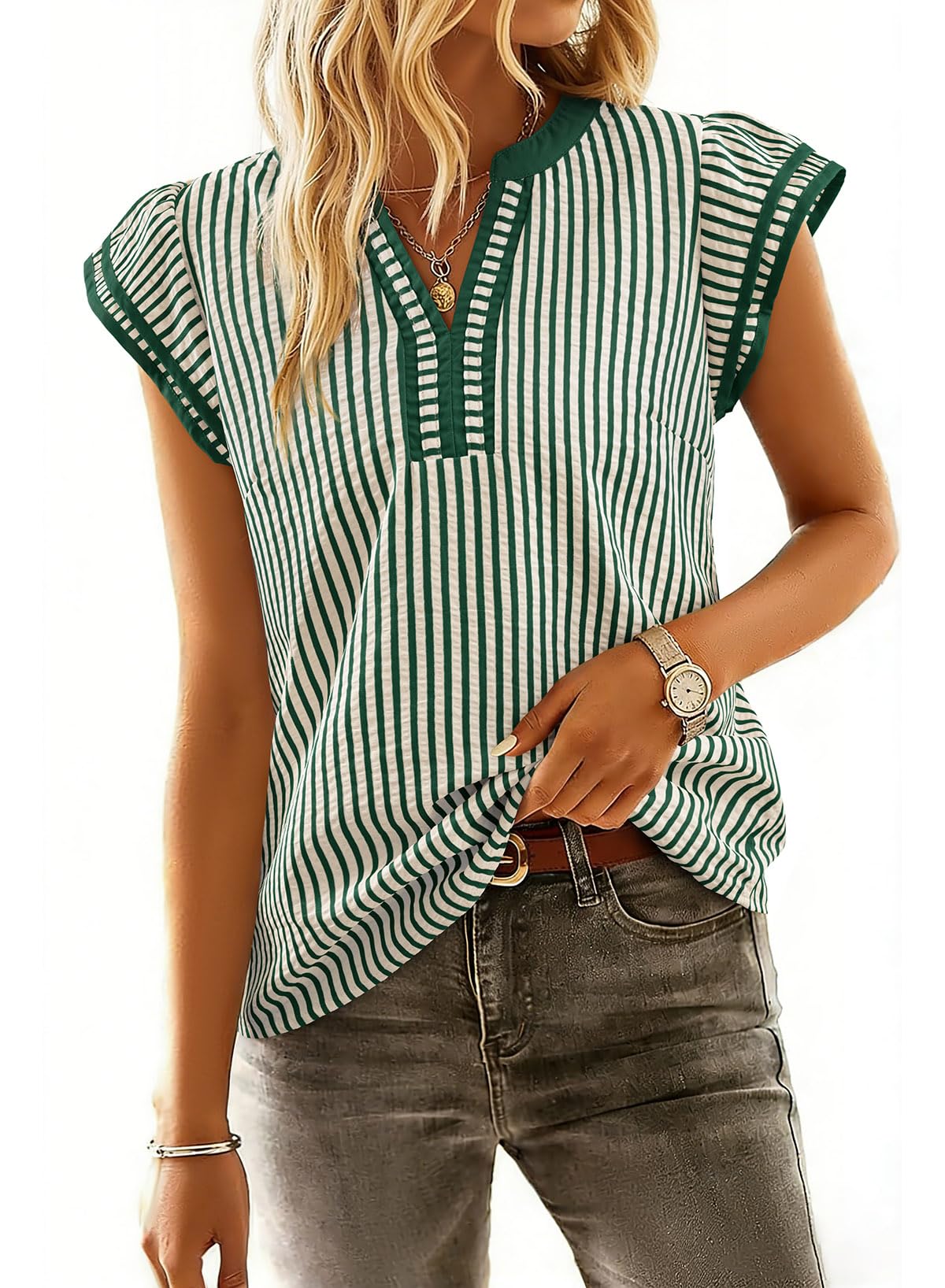 Womens Summer Tops Casual V Neck Cap Short Sleeve Striped T Shirts Loose Boho Blouses