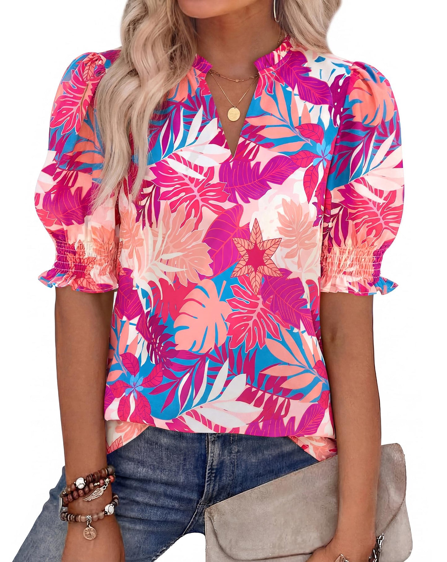 Women Floral Boho V Neck Puff Short Sleeve Top Casual 2026 Summer Blouses