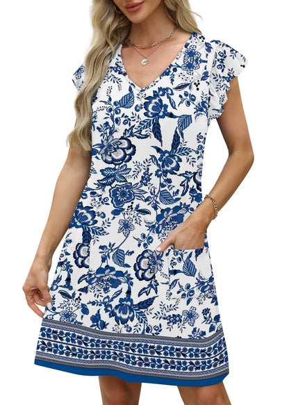 Womens Summer Dresses Ruffle Sleeve V Neck Loose Swing Sundresses