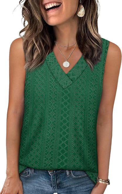 ✨Women Summer Outfits V Neck Tank Trendy Eyelet Sleeveless Basic T Shirts