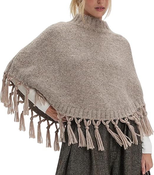 Women's Tassel High-Neck Knitted Cape