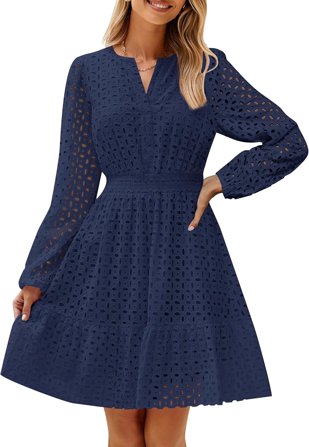 ✨Women's Long Sleeve Mini Dress V Neck Hollow Out Eyelet Embroidery Ruffle Dresses