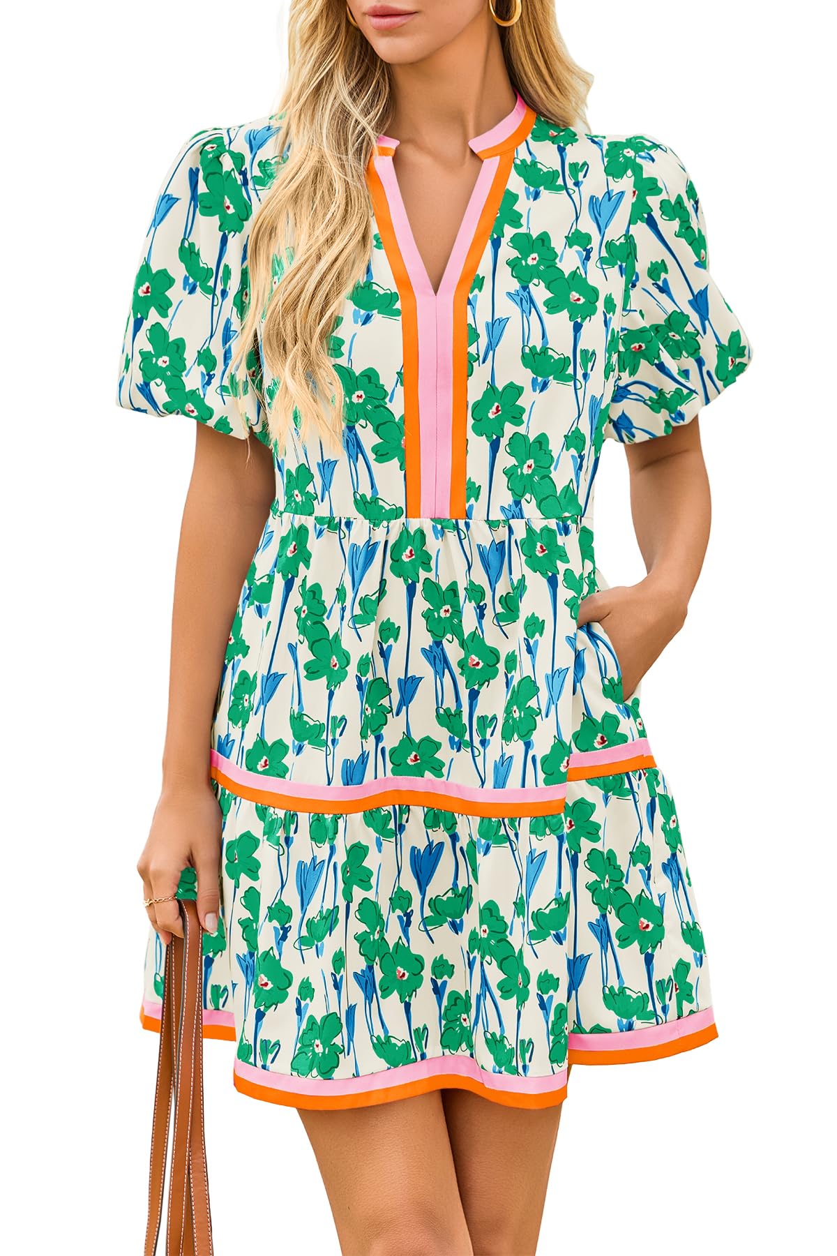 Womens V Neck Floral Mini Dress Short Puff Sleeve Patchwork