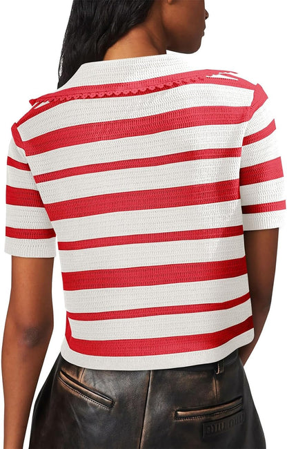 Women's Summer V Neck Collared Striped Short Sleeve Sweater Top